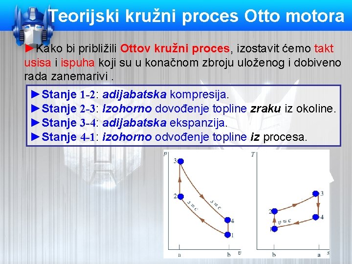 Teorijski kružni proces Otto motora ►Kako bi približili Ottov kružni proces, izostavit ćemo takt