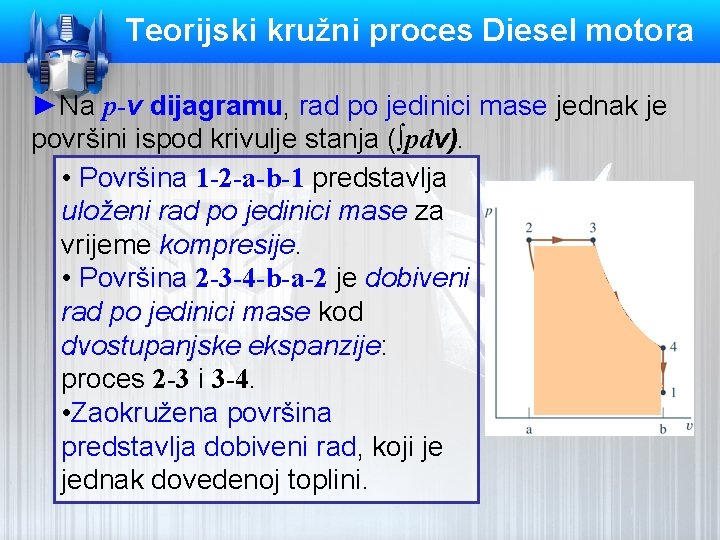 Teorijski kružni proces Diesel motora ►Na p-v dijagramu, rad po jedinici mase jednak je