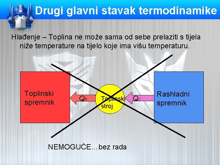 Drugi glavni stavak termodinamike Hlađenje – Toplina ne može sama od sebe prelaziti s