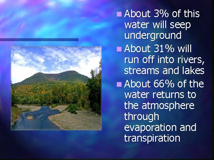 n About 3% of this water will seep underground n About 31% will run