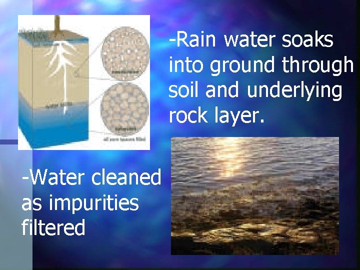 -Rain water soaks into ground through soil and underlying rock layer. -Water cleaned as