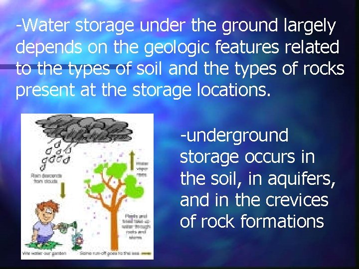 -Water storage under the ground largely depends on the geologic features related to the