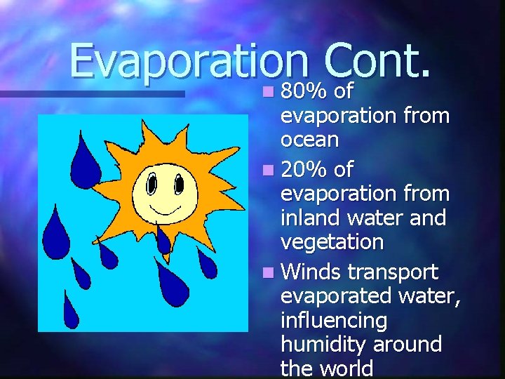 Evaporation Cont. 80% of n evaporation from ocean n 20% of evaporation from inland
