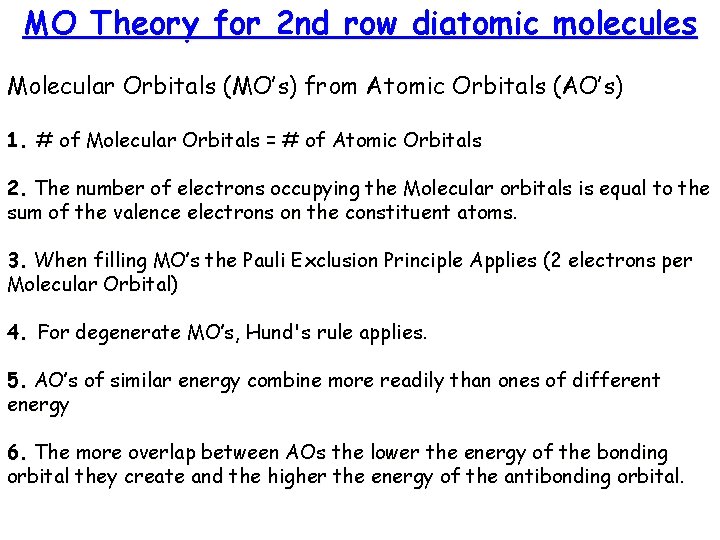 MO Theory for 2 nd row diatomic molecules Molecular Orbitals (MO’s) from Atomic Orbitals