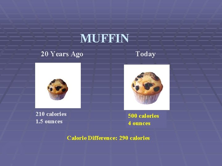 MUFFIN 20 Years Ago 210 calories 1. 5 ounces Today 500 calories 4 ounces