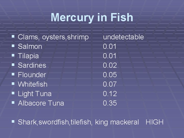 Mercury in Fish § § § § Clams, oysters, shrimp Salmon Tilapia Sardines Flounder