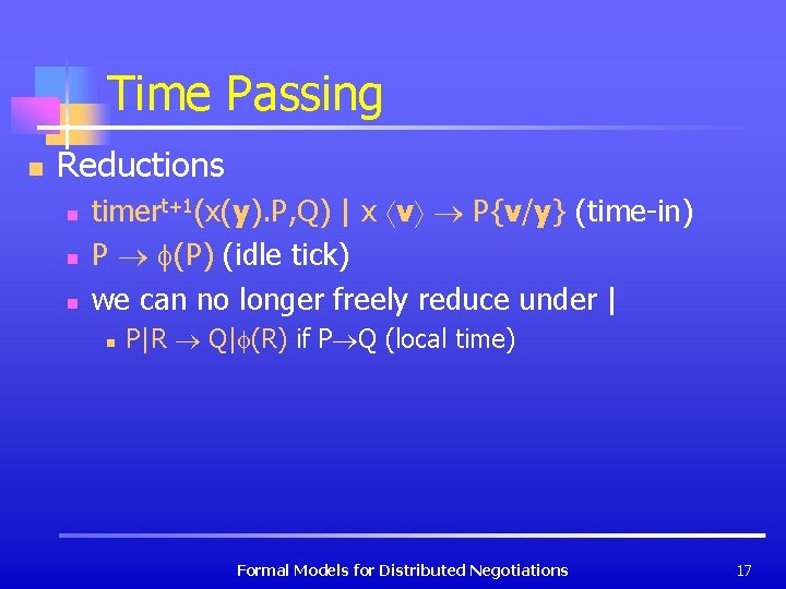 Time Passing n Reductions n n n timert+1(x(y). P, Q) | x v P{v/y}