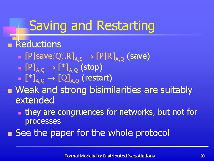 Saving and Restarting n Reductions n n Weak and strong bisimilarities are suitably extended