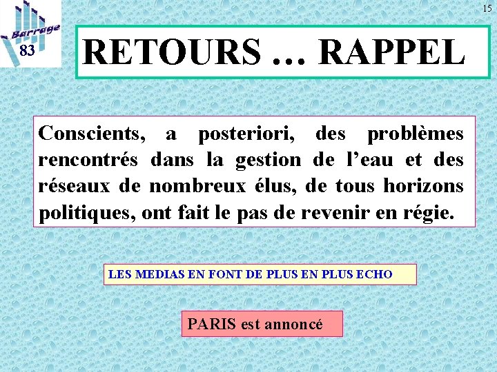 15 83 RETOURS … RAPPEL Conscients, a posteriori, des problèmes rencontrés dans la gestion