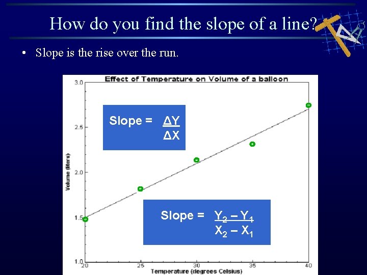 How do you find the slope of a line? • Slope is the rise