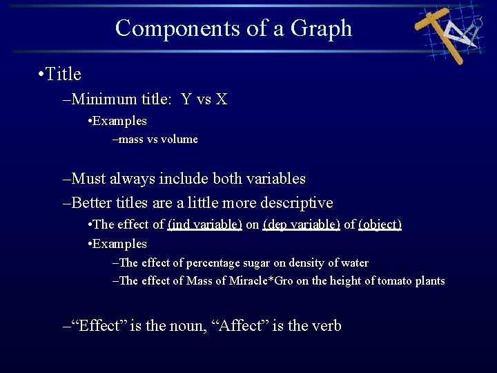 Components of a Graph • Title –Minimum title: Y vs X • Examples –mass