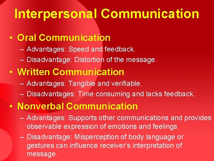 Interpersonal Communication • Oral Communication – Advantages: Speed and feedback. – Disadvantage: Distortion of