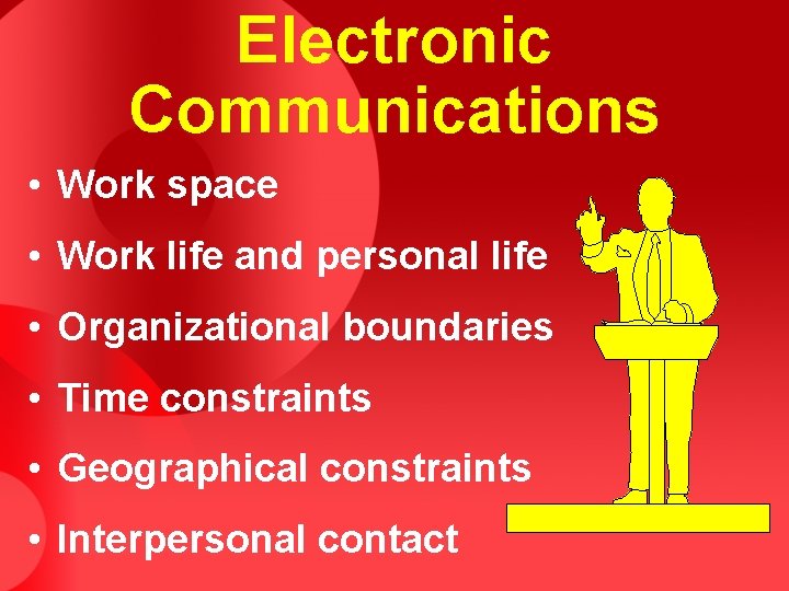 Electronic Communications • Work space • Work life and personal life • Organizational boundaries