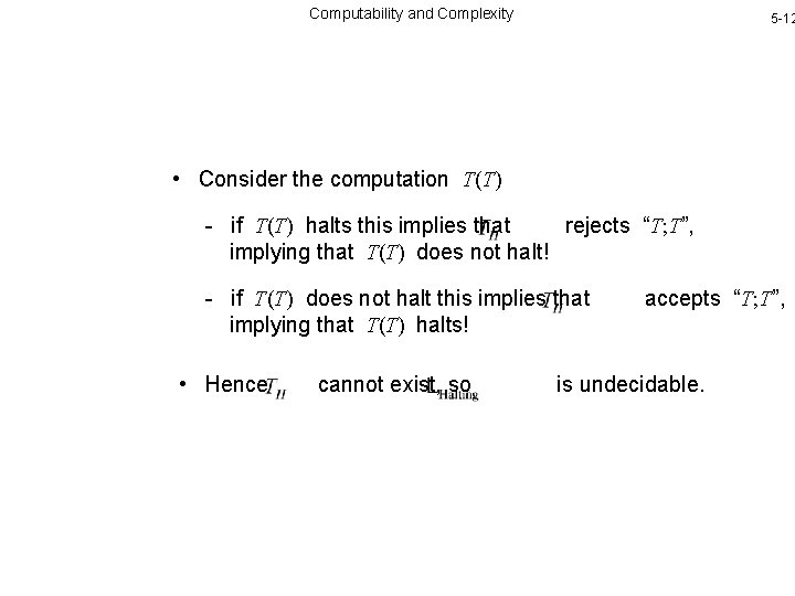 Computability and Complexity 5 -12 • Consider the computation T(T) - if T(T) halts