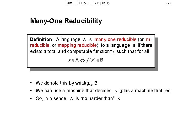 Computability and Complexity 5 -15 Many-One Reducibility Definition A language A is many-one reducible