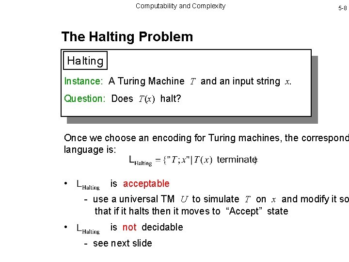 Computability and Complexity 5 -8 The Halting Problem Halting Instance: A Turing Machine T