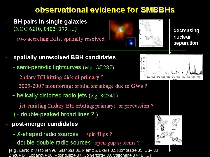 observational evidence for SMBBHs - BH pairs in single galaxies (NGC 6240, 0402+379, .