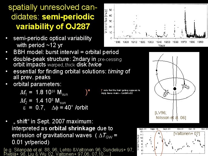 spatially unresolved candidates: semi-periodic variability of OJ 287 • semi-periodic optical variability with period