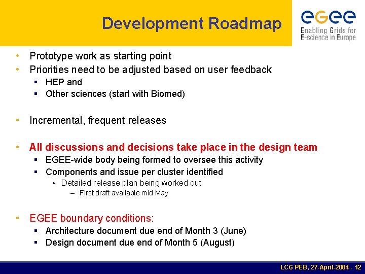Development Roadmap • Prototype work as starting point • Priorities need to be adjusted