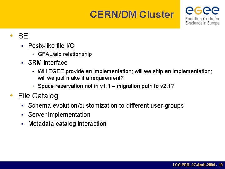 CERN/DM Cluster • SE § Posix-like file I/O • GFAL/aio relationship § SRM interface