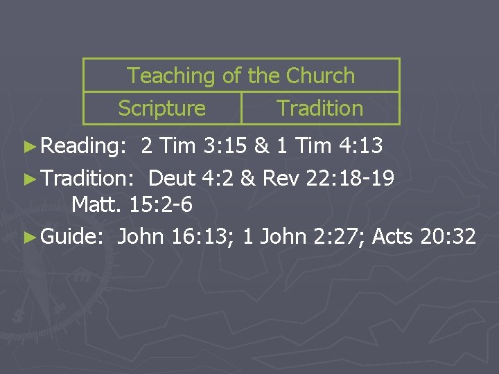 Teaching of the Church Scripture Tradition ► Reading: 2 Tim 3: 15 & 1