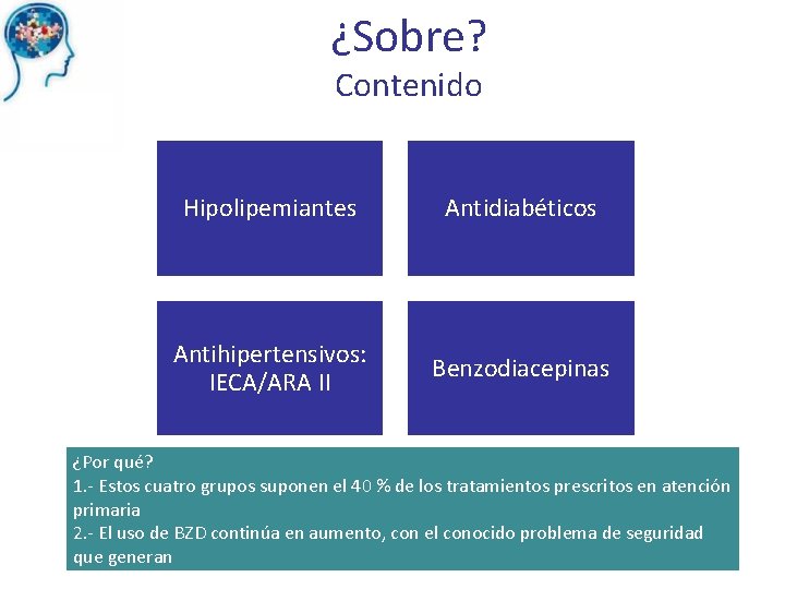 ¿Sobre? Contenido Hipolipemiantes Antidiabéticos Antihipertensivos: IECA/ARA II Benzodiacepinas ¿Por qué? 1. - Estos cuatro