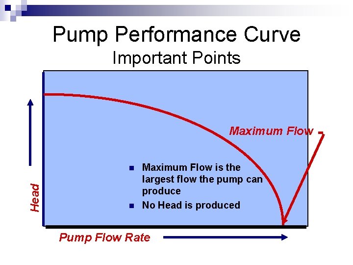 Pump Performance Curve Important Points Maximum Flow Head n n Maximum Flow is the