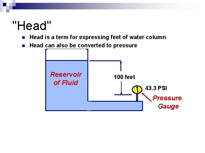 "Head" n n Head is a term for expressing feet of water column Head