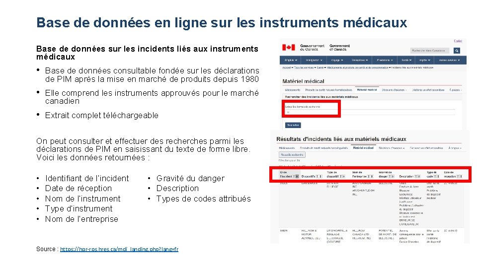 Base de données en ligne sur les instruments médicaux Base de données sur les