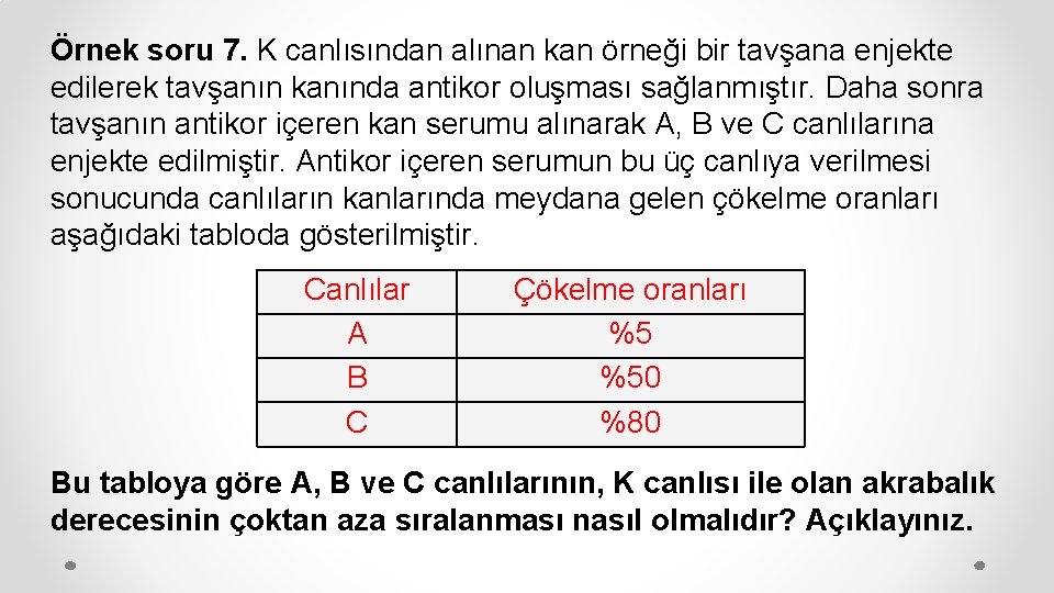 Örnek soru 7. K canlısından alınan kan örneği bir tavşana enjekte edilerek tavşanın kanında