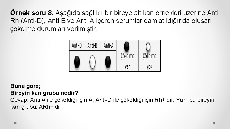 Örnek soru 8. Aşağıda sağlıklı bireye ait kan örnekleri üzerine Anti Rh (Anti-D), Anti