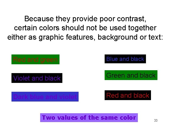 Because they provide poor contrast, certain colors should not be used together either as