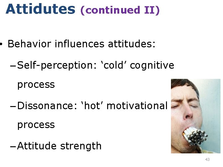 Attidutes (continued II) • Behavior influences attitudes: – Self-perception: ‘cold’ cognitive process – Dissonance: