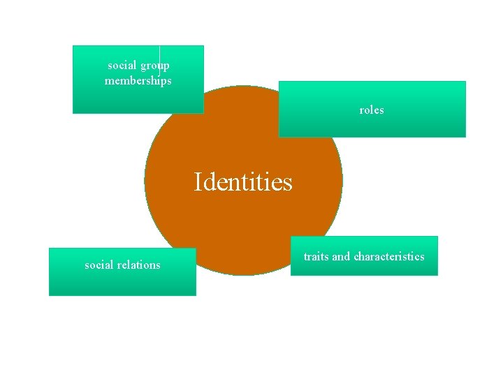 social group memberships • roles Identities social relations traits and characteristics 