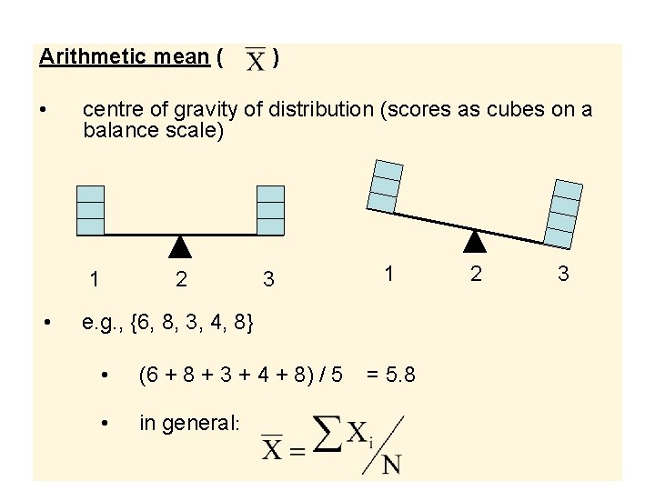 Arithmetic mean ( • centre of gravity of distribution (scores as cubes on a
