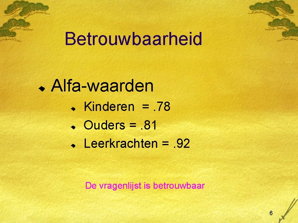 Betrouwbaarheid Alfa-waarden Kinderen =. 78 Ouders =. 81 Leerkrachten =. 92 De vragenlijst is