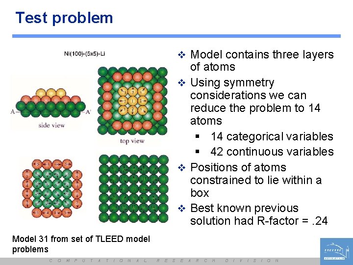 Test problem v Model contains three layers of atoms v Using symmetry considerations we