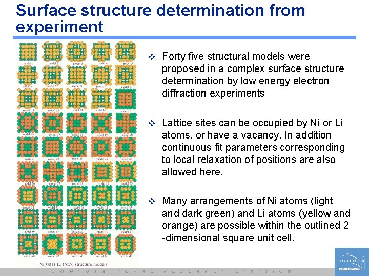 Surface structure determination from experiment v Forty five structural models were proposed in a