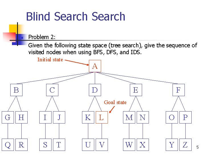 Blind Search n Problem 2: Given the following state space (tree search), give the