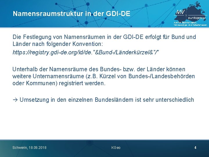 Namensraumstruktur in der GDI-DE Amt für Geoinformation, Vermessungs- und Katasterwesen Die Festlegung von Namensräumen