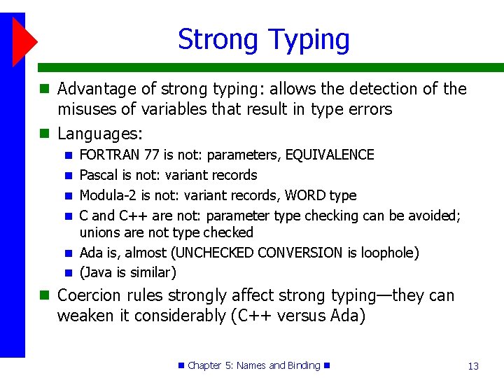 Strong Typing Advantage of strong typing: allows the detection of the misuses of variables