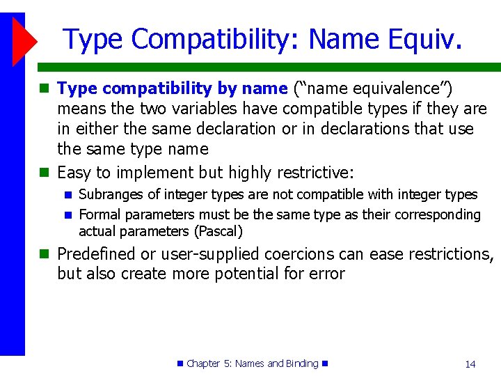 Type Compatibility: Name Equiv. Type compatibility by name (“name equivalence”) means the two variables