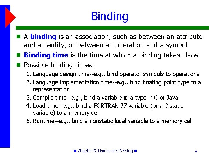 Binding A binding is an association, such as between an attribute and an entity,