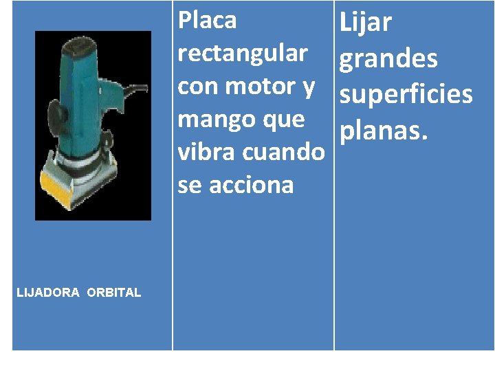 Placa rectangular con motor y mango que vibra cuando se acciona LIJADORA ORBITAL Lijar