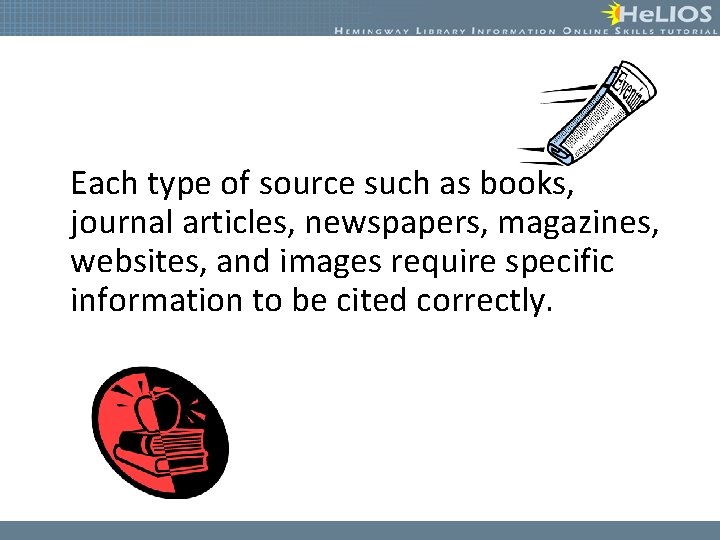 Each type of source such as books, journal articles, newspapers, magazines, websites, and images
