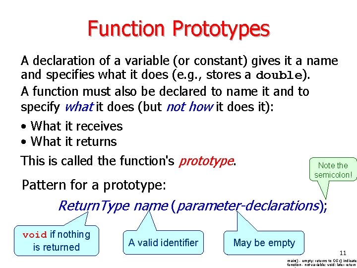 Function Prototypes A declaration of a variable (or constant) gives it a name and