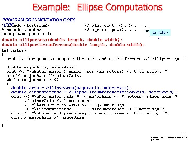 Example: Ellipse Computations PROGRAM DOCUMENTATION GOES HERE #include <iostream> // cin, cout, <<, >>,