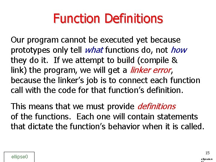 Function Definitions Our program cannot be executed yet because prototypes only tell what functions