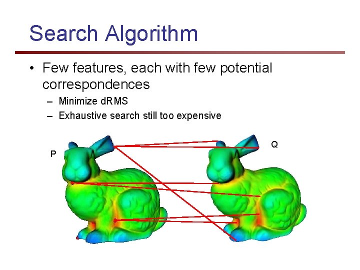 Search Algorithm • Few features, each with few potential correspondences – Minimize d. RMS