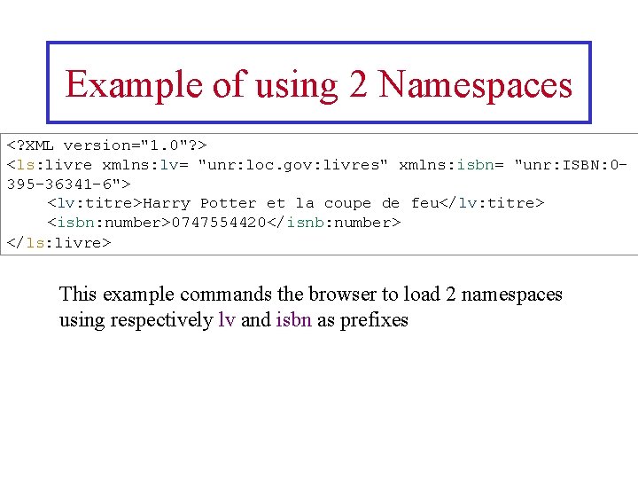 Example of using 2 Namespaces <? XML version="1. 0"? > <ls: livre xmlns: lv=